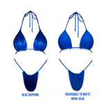 Reversible blue bikini set in shiny sapphire and matte royal blue fabric, front view