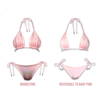 Reversible pink bikini set with shimmery moonstone and solid baby pink sides, tie straps.