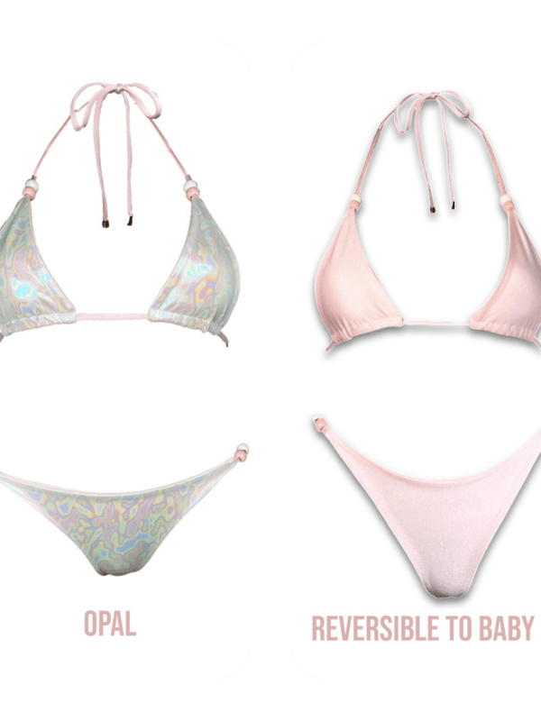 Reversible bikini set with opal print on one side and solid baby pink on the other