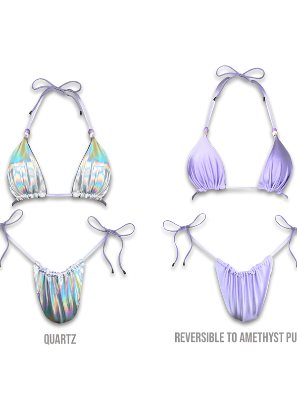 Reversible bikini set with iridescent quartz and amethyst purple triangle top and tie bottoms
