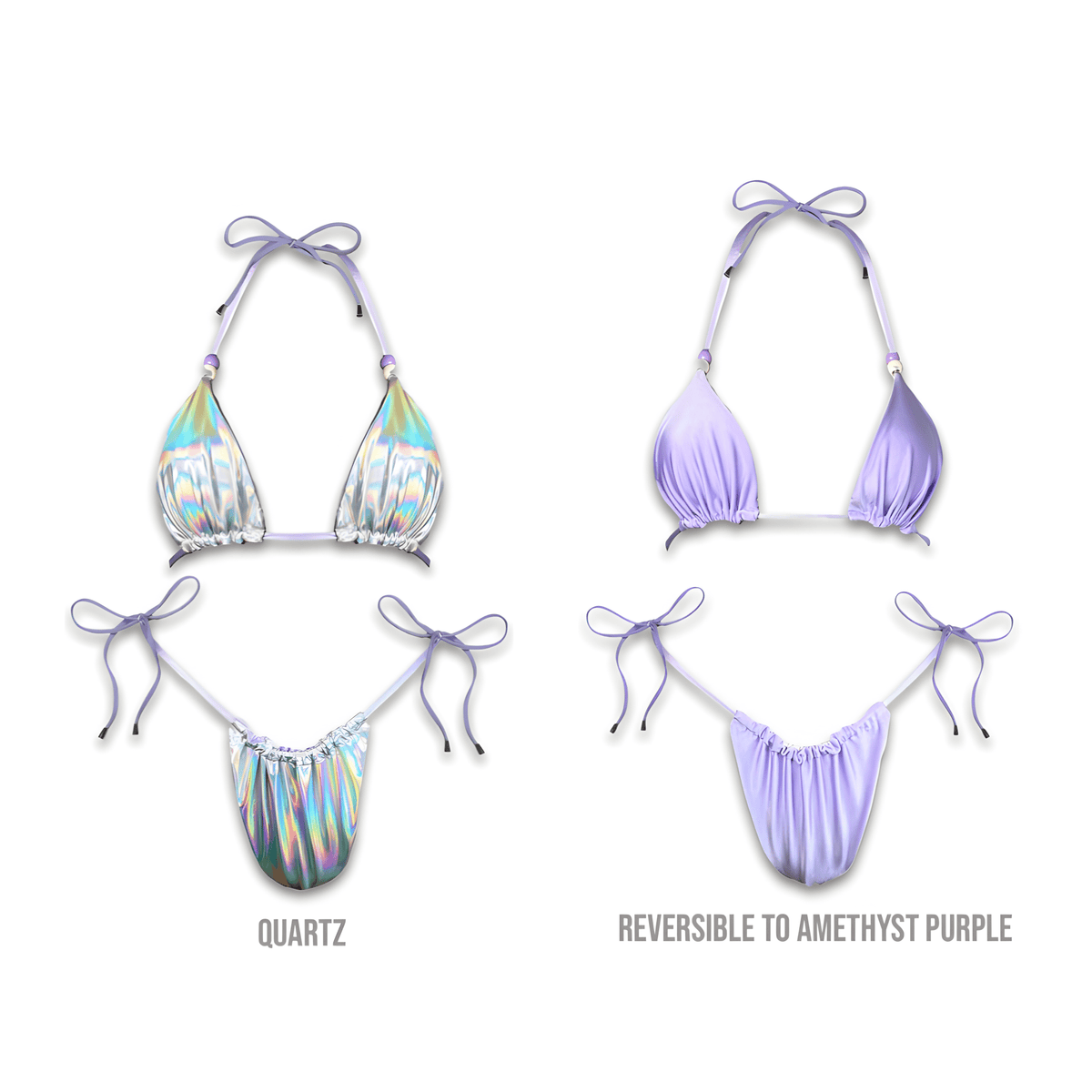 Reversible bikini set with iridescent quartz and amethyst purple triangle top and tie bottoms