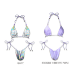 Reversible bikini set with iridescent quartz and amethyst purple triangle top and tie bottoms