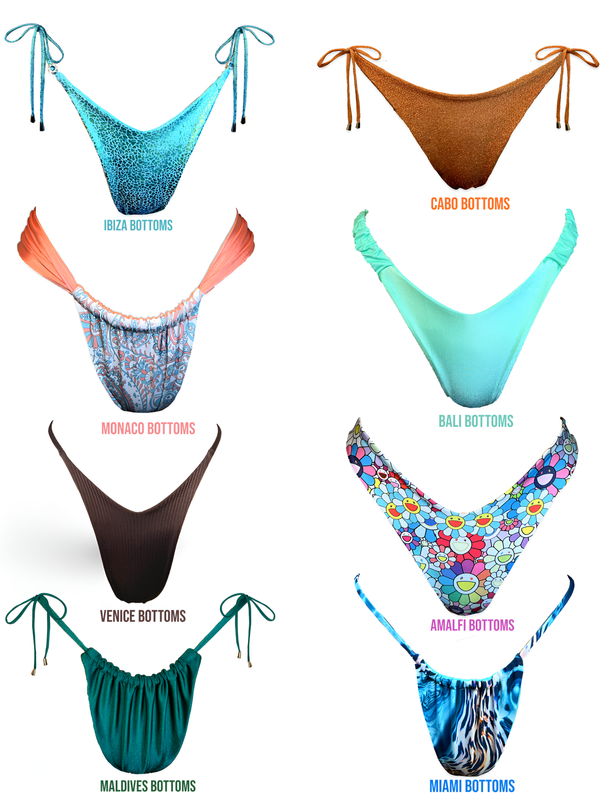 Eight colorful handmade bikini bottoms in various styles, patterns, and colors on a white background.